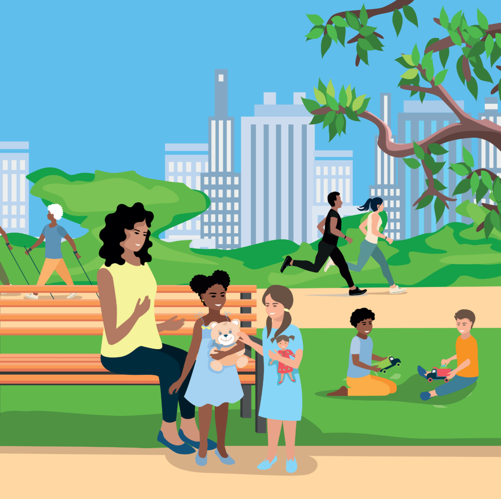 Illustration of a family on a bench at a park