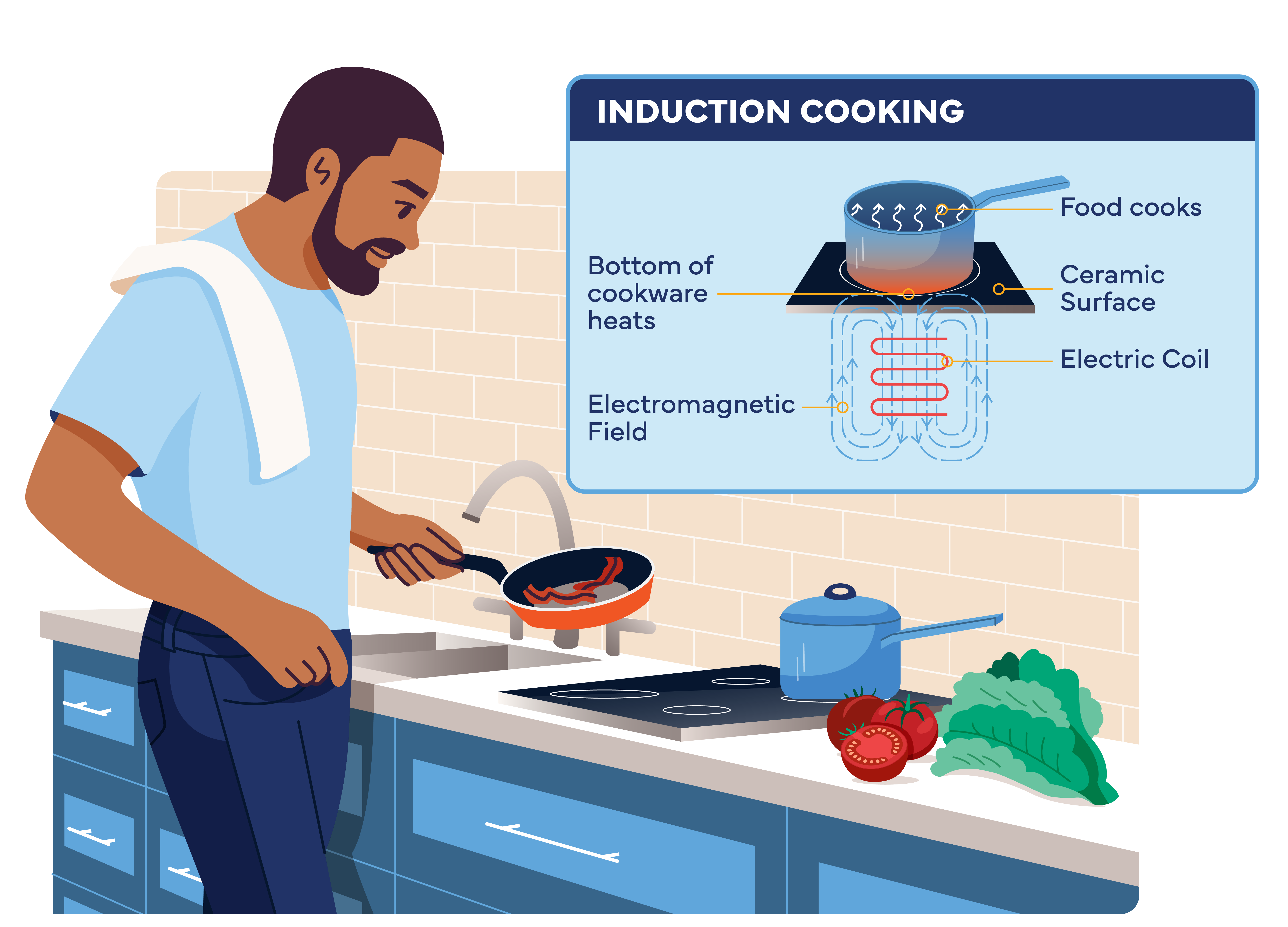 Illustration of an induction stove showing how the electric coil creates an electromagnetic field that heats cookware directly.